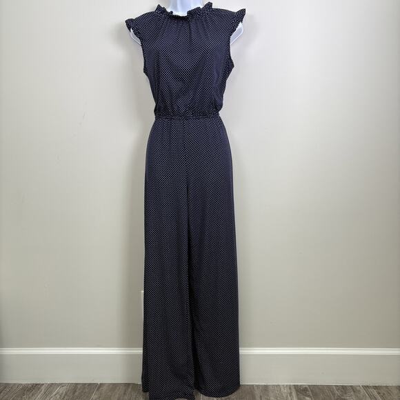 Adrianna Pappell Polka Dot Wide Leg Ruffle Neck Jumpsuit Small - Picture 1 of 15